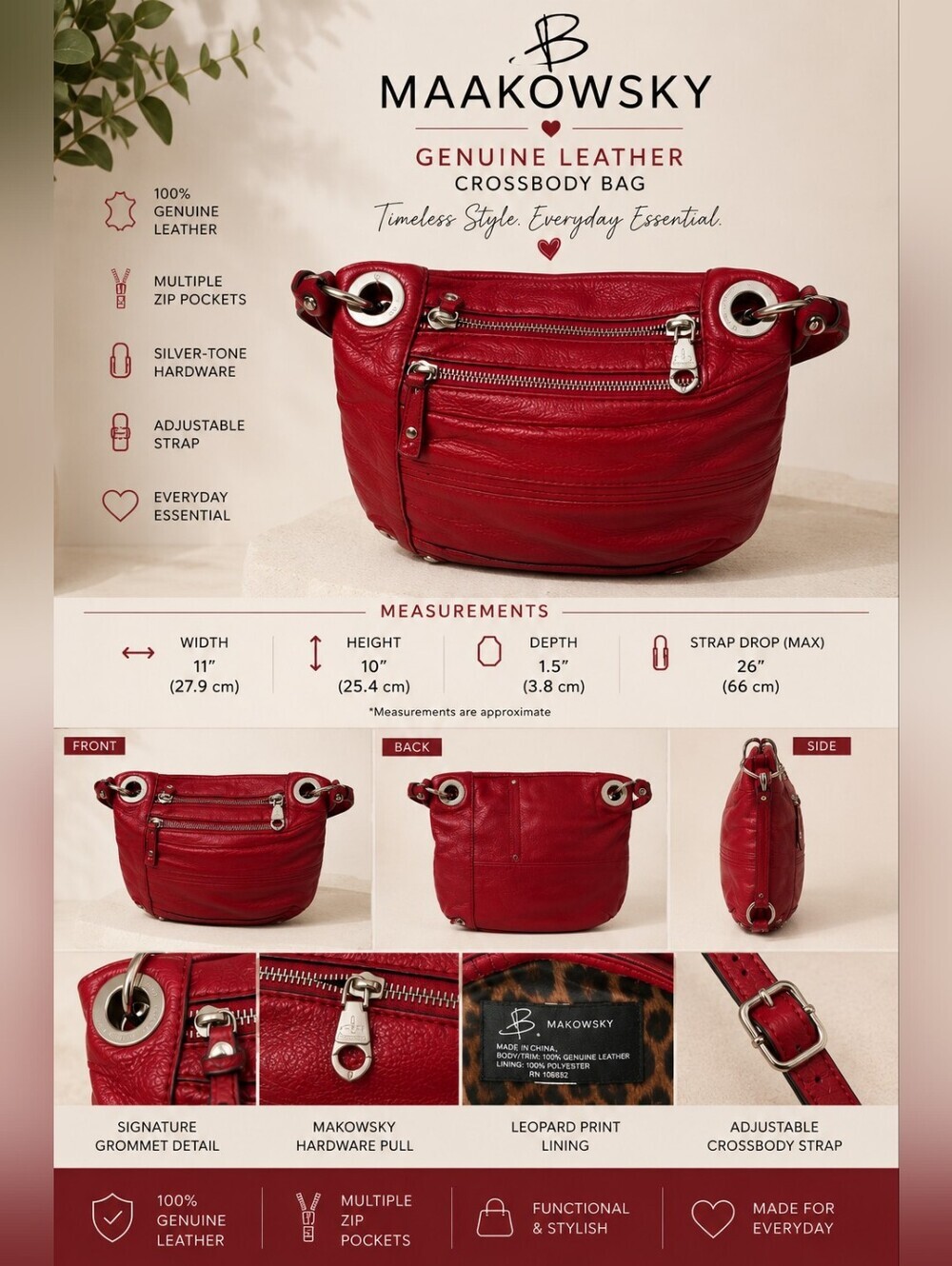 B. Makowsky Red Pebbled Leather Crossbody Bag Genuine Leather Silver Hardware